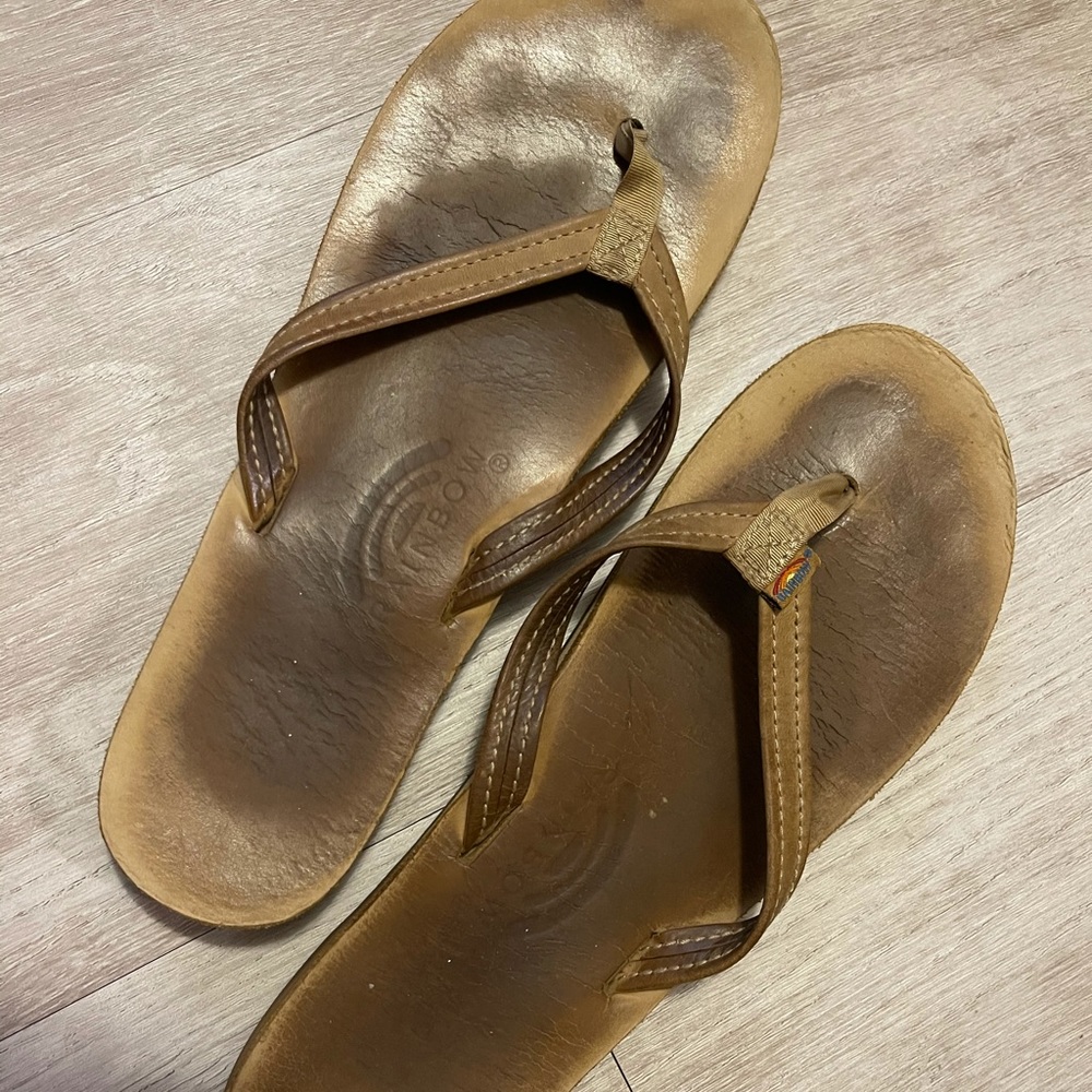 Rainbow leather flip flops